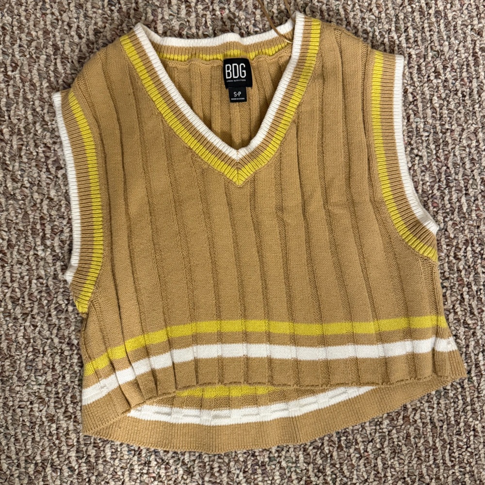 BDG Tan Knit Vest with Yellow and White Stripes